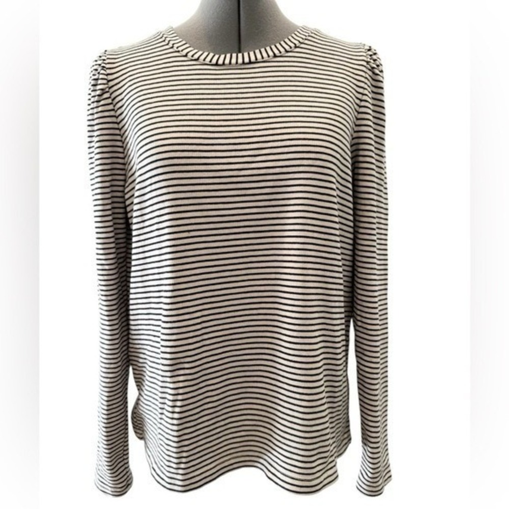 Modern‎ Works Womens Black White Striped Puff Shoulder Ribbed Knit Top Large